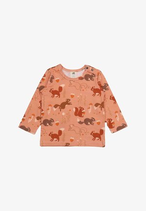 Langärmliges Hemd aus pfirsichfarbener Baumwolle mit einem Muster aus verschiedenen Eichhörnchen, Eicheln und Blumen in Brauntönen und Rot. Mit zwei Schulterdrückern.