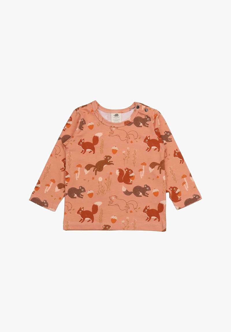 Long-sleeve shirt in peach fabric featuring a pattern of various squirrels, acorns, and flowers in shades of brown and red. Two shoulder snaps.