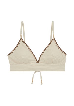 Beežist tekstuuriga bikiinitop peente reguleeritavate rihmadega, pruunide siksakääristega äärtes ja esiotsas lipsuga, millel on kuldse tooniga metallaktsendid.