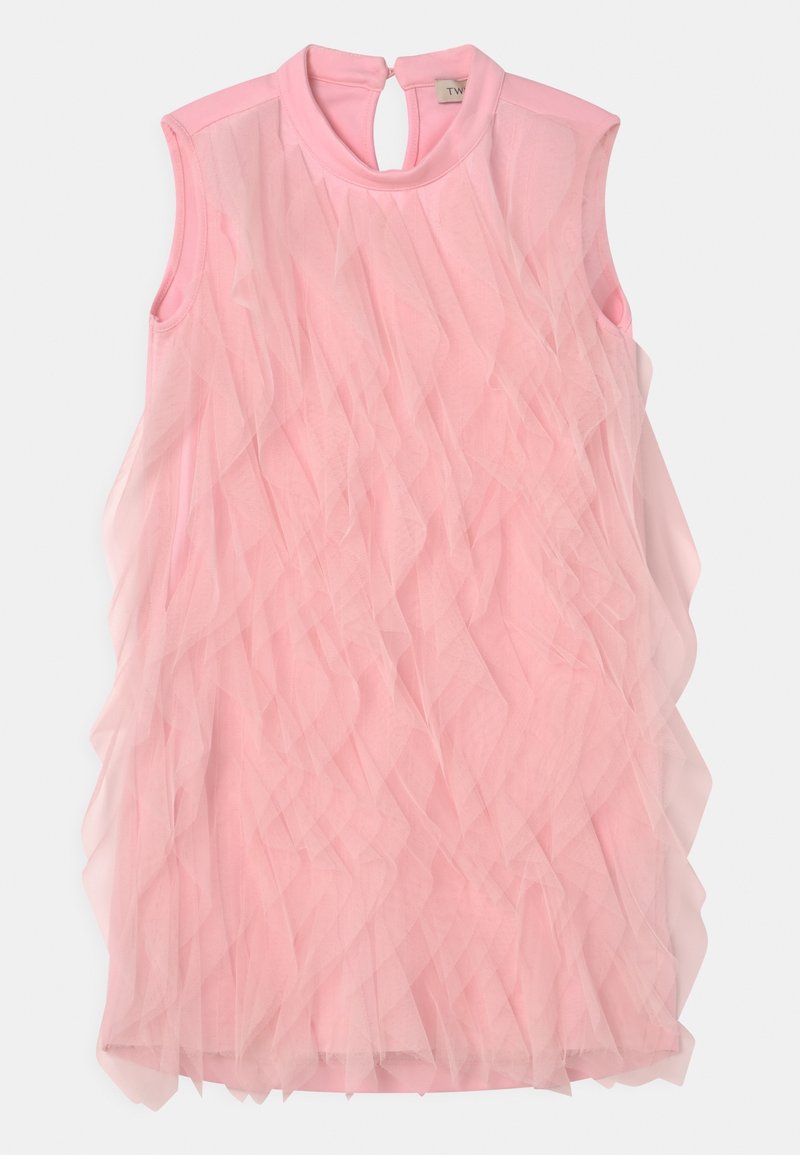 Robe rose avec une coupe ajustée sans manches, des volants superposés en tulle transparent et une fermeture au dos en forme de goutte d'eau. Tissu lisse et léger.