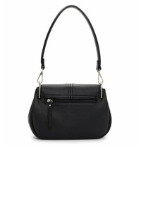 Borsa a tracolla in pelle nera con forma arrotondata, dotata di manico superiore, tasca frontale con zip e discreti dettagli di cucitura sul corpo.