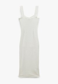 Witte, mouwloze midi-jurk met vierkante halslijn, gestructureerd oppervlak, aansluitend ontwerp en rechte silhouet. Gladde stof met minimale details.