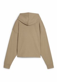 Felpa cropped beige con una texture a coste, maniche lunghe e cappuccio con coulisse. Presenta polsini larghi e una vestibilità rilassata.