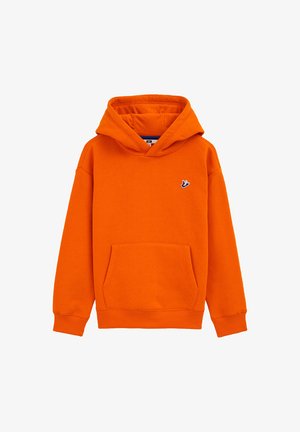 Oranžna jopa iz bombažne mešanice, z žepom na sprednji strani, nastavljivo kapuco in majhnim modro-belim logotipom na prsih.