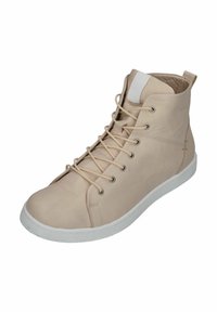 Beige leather high-top sneaker with round toe, featuring flat laces, silver eyelets, and a white rubber sole. Minimalist design, soft texture.