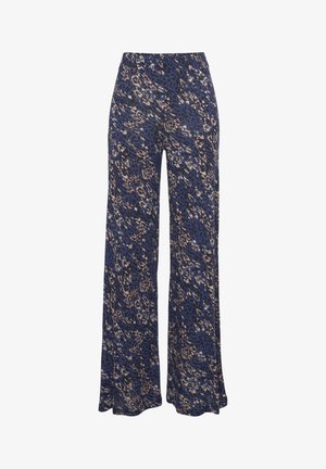 Wide-leg pants in a dark navy fabric with a leopard print pattern in beige and light brown. Elastic waistband for comfort and ease.