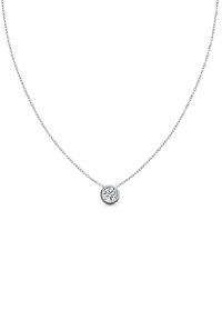 Collana con pendente in argento che presenta una pietra preziosa rotonda e trasparente al centro, attaccata a una delicata catena con collegamenti. Design semplice e moderno.