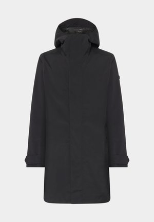 Svart vattentät parkas med hög krage, justerbar huva och vikta ärmmuddar. Har rak passform och sidofickor. Slät textur.