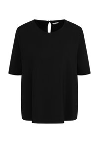 Top nero a maniche corte con scollatura rotonda e chiusura a fessura sul retro, realizzato in tessuto liscio con una vestibilità comoda.