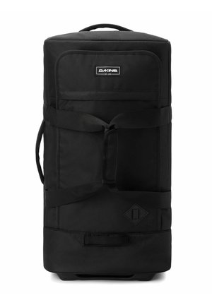 Bolsa de viaje negra con ruedas, fabricada en un material duradero, con un asa superior, correas laterales y forma rectangular. Cuenta con un parche de logo y una base lisa.