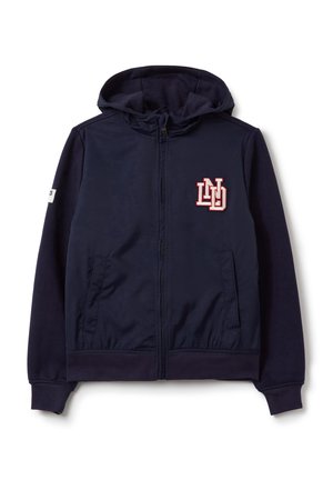 Sweat à capuche zippé bleu marine avec capuche, poches avant et logo brodé sur la poitrine. Équipe de poignets et ourlet côtelés.