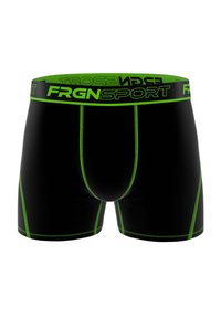 Boxers noirs avec des accents et des coutures vertes. Dotés d'une large ceinture noire avec le logo "FRGNSPORT" en vert lime.