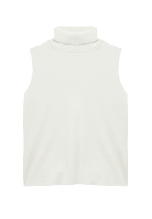 Ærmeløs, lys cremefarvet turtleneck-top lavet af blødt stof; har en ribbet, høj hals og en glat tekstur med en afslappet pasform.
