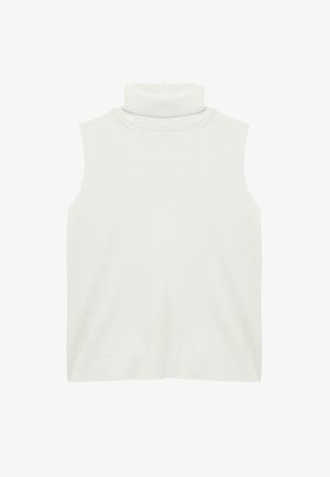 Haut sans manches, couleur crème clair, en tissu doux ; comporte un col roulé côtelé et une texture lisse avec une coupe décontractée.