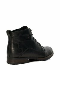 Black leather ankle boots with a rounded toe, lace-up design, textured finish, and a contrasting brown sole. Features a side tab and stitching detail.