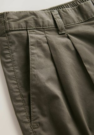 Pantalones verdes oliva con un diseño de frente plisado, cinturilla elástica y textura de tela suave. Presenta costuras bien cosidas y bolsillos.