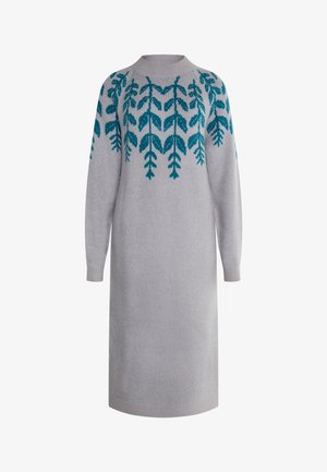 Szürke pulóverruha puha anyagból, türkiz növényi mintával az ujjának mentén. Laza szabású és kerek nyakú.