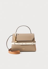 Tan leather handbag with a structured shape, featuring a top handle, removable shoulder strap, cream accent strap, and gold hardware.