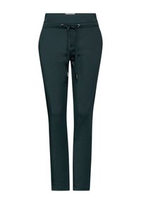 Mörkgröna stretchiga joggers med en åtsittande design, elastisk midja och justerbar dragsko. Slät textur, inga synliga fickor eller mönster.
