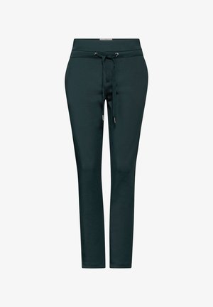 Donkergroene stretch joggers met een aangesloten ontwerp, elastische tailleband en verstelbaar trekkoord. Glad textuur, geen zichtbare zakken of patronen.