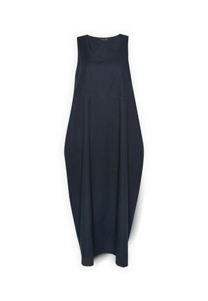 Abito midi senza maniche blu navy con scollatura rotonda e silhouette voluminosa a forma di tulipano che pende dritto.
