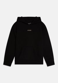 Felpa con cappuccio nera realizzata in cotone misto, caratterizzata da una tasca frontale e logo "GUESS" ricamato in oro sul petto.