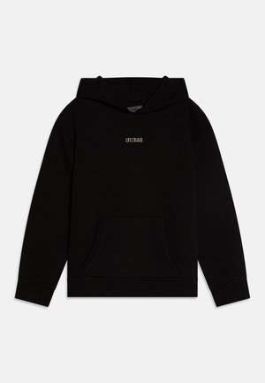 Felpa con cappuccio nera realizzata in cotone misto, caratterizzata da una tasca frontale e logo "GUESS" ricamato in oro sul petto.