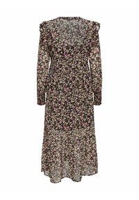 Robe midi noire avec manches longues transparentes, imprimé floral rose et beige, épaules volantées, taille cintrée et ourlet à étages.