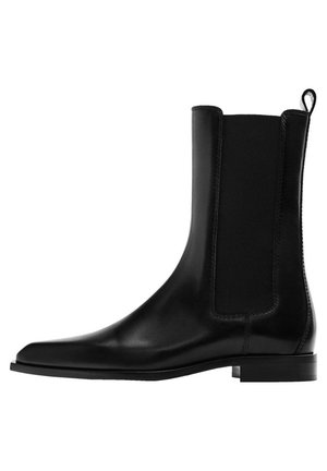 Botte Chelsea en cuir noir avec panneaux latéraux élastiques, languette à l'arrière, talon bas et design de bout arrondi élégant.