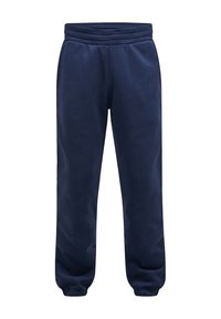 Marineblauwe sweatpants van zachte stof, voorzien van een dikke, geribbelde tailleband en elastische boorden, zonder zichtbare zakken of logo's.