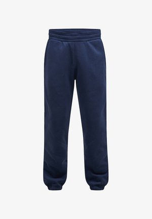 Dunkelblaue Sweatpants aus weichem Stoff, mit einem breiten, gerippten Bund und elastischen Bündchen, ohne sichtbare Taschen oder Logos.