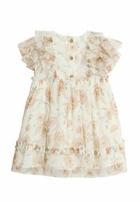 Hvid baby kjole med ferskenfarvet blomsterprint, flæsekorte ærmer, tre knapper bagpå og talje med rynket tyloverflade.