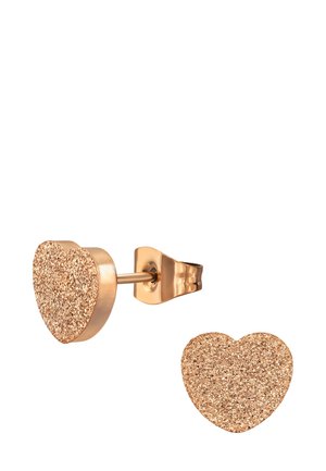 Orecchini a perno a forma di cuore in oro rosa con una texture luccicante, dotati di un retro liscio e di una chiusura sicura.