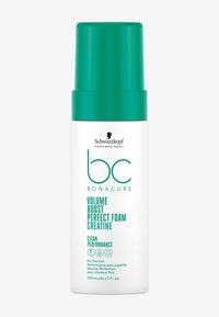 Flacon blanc avec un bouchon pompe vert ; étiqueté "bc Bonacure Volume Boost Perfect Foam Creatine", 150 mL, convient aux cheveux fins.