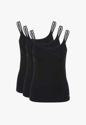 Drie zwarte hemdjes van gladde stof, voorzien van smalle spaghettibandjes en een aansluitend ontwerp met een ronde halslijn.