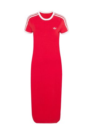 Rød kjole med korte ærmer, hvid kantbånd og tre striber på skuldrene. Fremstillet af et glat, strækbart stof. Har et logo på brystet.