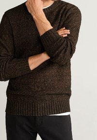 Strickpullover in dunkelbraun mit orangefarbenen und goldenen Flecken, runder Halsauschnitt, gerippte Bündchen und Saum, über einem weißen Hemd getragen.