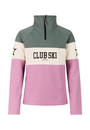 Trui met lange mouwen, groene hoge kraag en rits, crèmekleurig middenpaneel met tekst "CLUB SKI", en roze onderste deel en mouwen met ster-iconen.