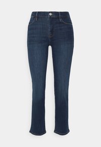 Jeans de mezclilla azul oscuro con pierna recta, que cuentan con un cierre de cremallera, cinco bolsillos y un acabado ligeramente desgastado en los muslos y el dobladillo.