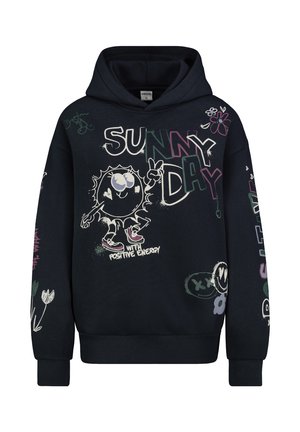 Marineblauwe hoodie met een grafisch ontwerp op de voorkant, waarop een cartoonzon en de tekst "SUNNY DAY" in levendige kleuren te zien zijn. Bloemen- en glimlachmotieven op de mouwen.