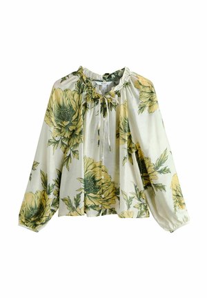 Cremefarbene Bluse mit floralem Design in Gelb und Grün. Lange Ärmel, geraffter Ausschnitt und lockere Passform mit Knöpfen.