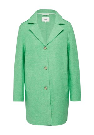 Groene textuur jas met een notch-kraag, voorknopen en zijzakken. Gemaakt van een zachte stof en met een relaxte pasvorm.