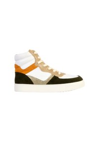 Baskets montantes en cuir blanc, avec des accents en daim marron et vert, des détails orange et un motif pailleté doré. Lacets plats, semelle en caoutchouc.