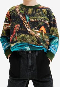 Długopingowa bluza z kolorowym nadrukiem lasu, przedstawiającym dinozaury, owady i grzyby. Zielony ściągacz przy kołnierzu i niebieskie akcenty.