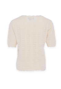 Pulover tricotat de culoare crem, cu mâneci scurte. Prezintă un model texturat și o croială lejeră. Material moale, cu un decolteu rotund.