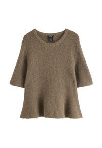 Maglione in maglia marrone con scollatura larga e rotonda e maniche corte. Tessuto morbido con una vestibilità rilassata e svasata. Nessun hardware visibile o motivi.
