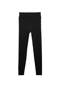 Mustat legginssit, jotka on valmistettu joustavasta kankaasta, jossa on korkea vyötärö ja sileä, matta pinta. Ei näkyviä kuvioita tai metalliosia.