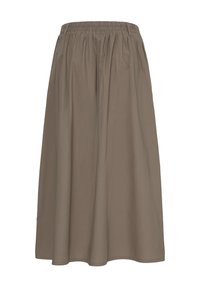 Jupe ample taupe longueur genou avec taille élastique et tissu froncé pour un ajustement décontracté.