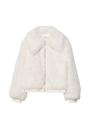 White faux fur bomber jacket with a wide collar, zip closure, and ribbed cuffs. Soft texture with a cropped silhouette.