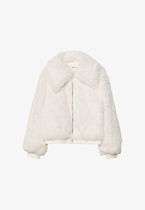 Bela bunda bomber iz umetnega krzna z širokim ovratnikom, zadrgo in rebrastimi manšetami. Mehka tekstura s skrajšano silhueto.